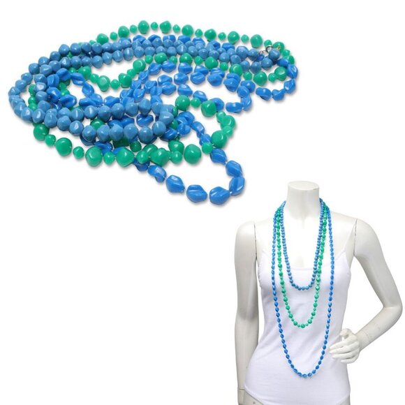 Vintage Acrylic Beaded Necklaces Asymmetrical Shaped Beads Blue Aqua Green  x 3 - Picture 1 of 5